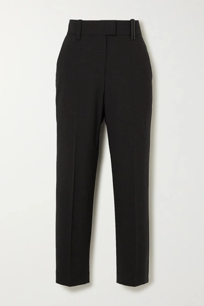 Shop Brunello Cucinelli Embellished Wool-blend Tapered Pants In Black