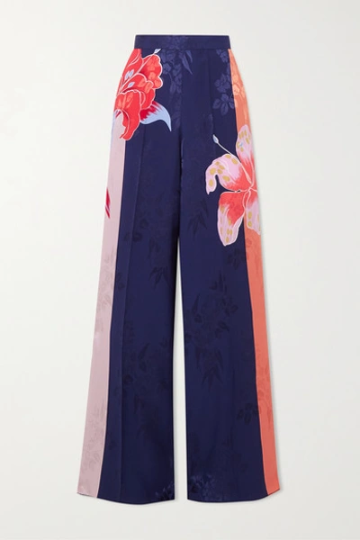 Shop Etro Floral-print Satin-jacquard Wide-leg Pants In Navy