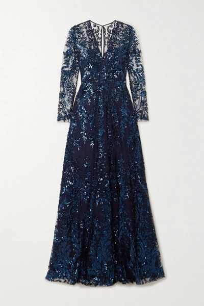 Shop Naeem Khan Sequined Tulle Gown In Navy