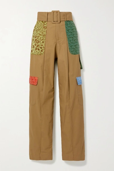 Shop Rosie Assoulin Belted Jacquard-trimmed Cotton Wide-leg Pants In Camel
