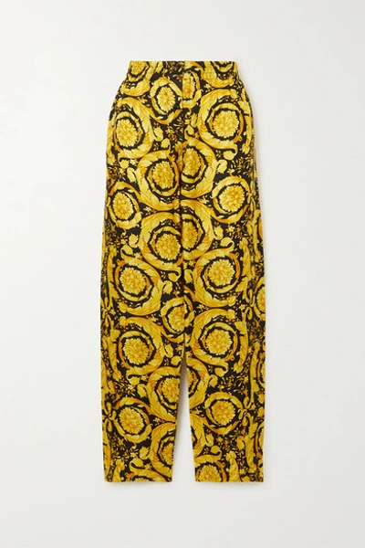 Shop Versace Printed Silk Pajama Pants In Yellow