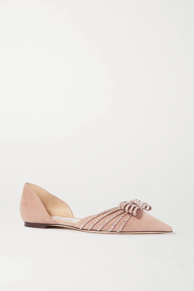 Shop Jimmy Choo Kaitence Crystal-embellished Suede Point-toe Flats In Neutral