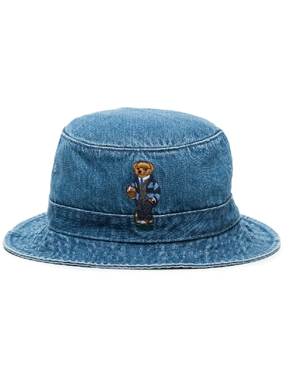 Shop Polo Ralph Lauren Teddy Bear Embroidered Denim Bucket Hat In Blue