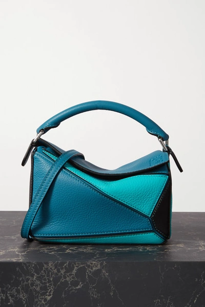 Shop Loewe Puzzle Mini Color-block Textured-leather Shoulder Bag In Blue