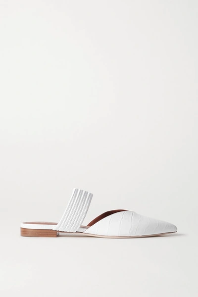 Shop Malone Souliers Maisie Cord-trimmed Croc-effect Leather Point-toe Flats In White