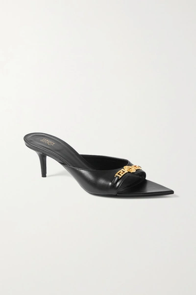 Shop Versace Embellished Leather Mules In Black