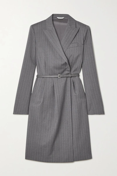 Shop Max Mara Martin Belted Pinstriped Wool Wrap Dress In Gray