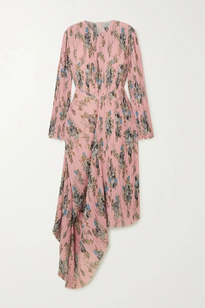 Shop Preen By Thornton Bregazzi Delaney Asymmetric Floral-print Plissé-georgette Dress In Pink