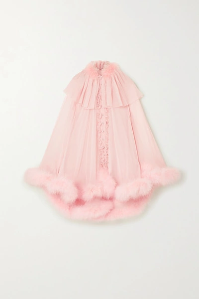 Shop Dolce & Gabbana Feather-embellished Silk-chiffon Cape In Pink