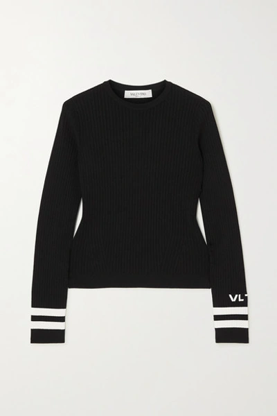 Shop Valentino Intarsia Ribbed-knit Sweater In Black