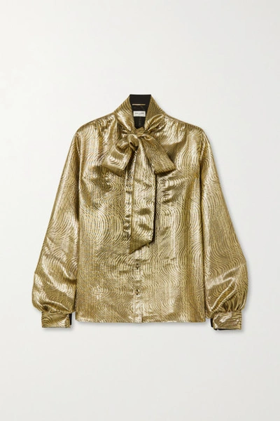 Shop Saint Laurent Pussy-bow Silk-blend Lamé Blouse In Gold