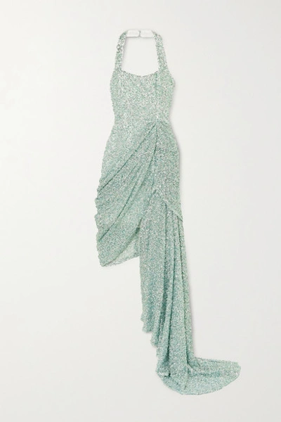 Shop Halpern Asymmetric Draped Sequined Lace Dress In Green