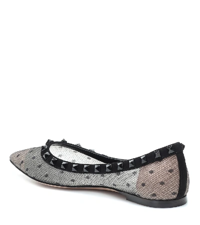 Shop Valentino Rockstud Tulle And Leather Ballet Flats In Black