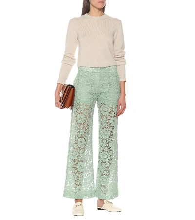 Shop Valentino Cotton-blend Lace Pants In Green