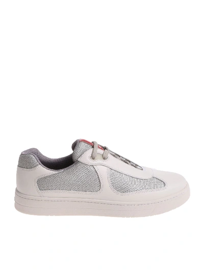Shop Prada White Leather And Fabric Sneakers