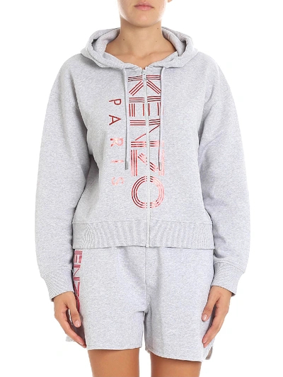 Shop Kenzo Grey Hoodie With Red Laminated Logo