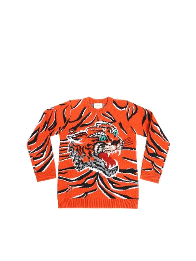 Shop Gucci Orange Pullover With Tiger Embroidery