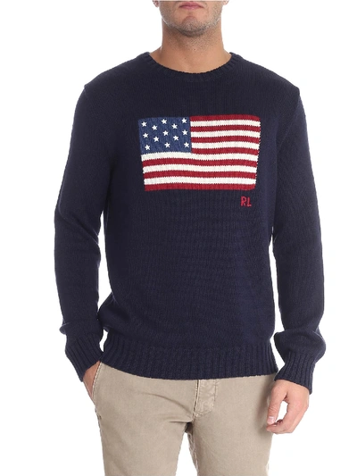 Shop Polo Ralph Lauren Blue Pullover With Rl Flag Embroidery