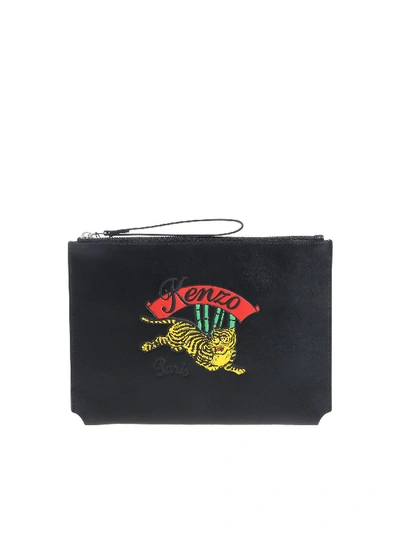 Shop Kenzo "jumping Tiger" Black Leather Clutch