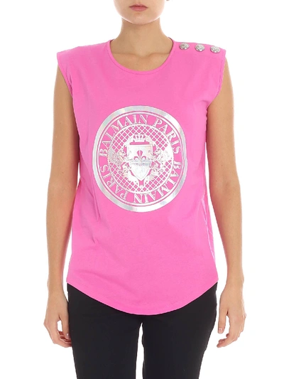 Shop Balmain Pink Top With Silver Logo Print