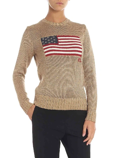 Shop Polo Ralph Lauren Golden Lamé Pullover With Flag Embroidery