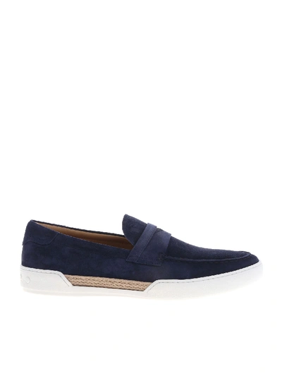 Shop Tod's Blue Suede Moccasins With Rope Insert