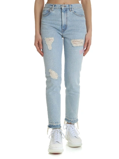 Shop Heron Preston Light Blue Fringed Jeans