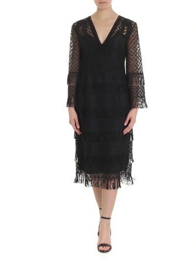 Shop Alberta Ferretti Black Macramé Midi Dress With Fringes