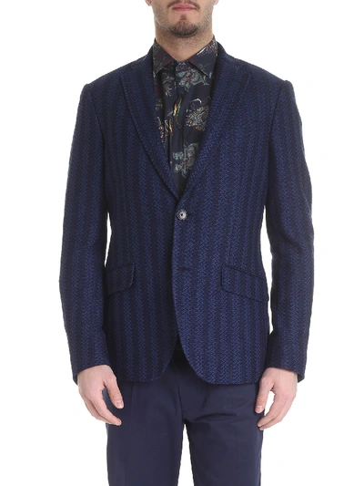 Shop Etro Blue Embroidered Jersey Jacket