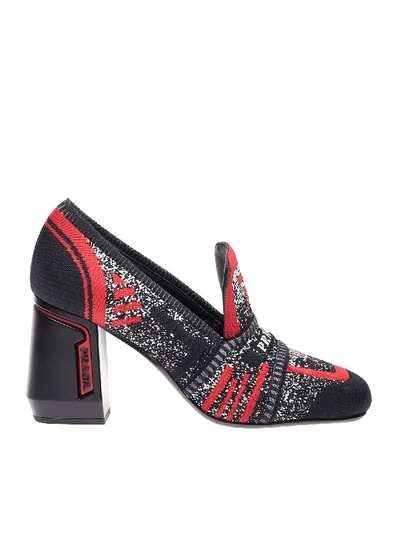 Shop Prada Pumps In Black And Red Knitted Fabric