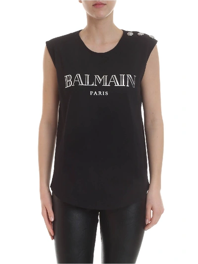 Shop Balmain Black Top With Silver Logo