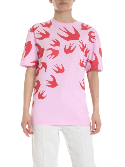 Shop Mcq By Alexander Mcqueen Pink T-shirt With Swallows Print