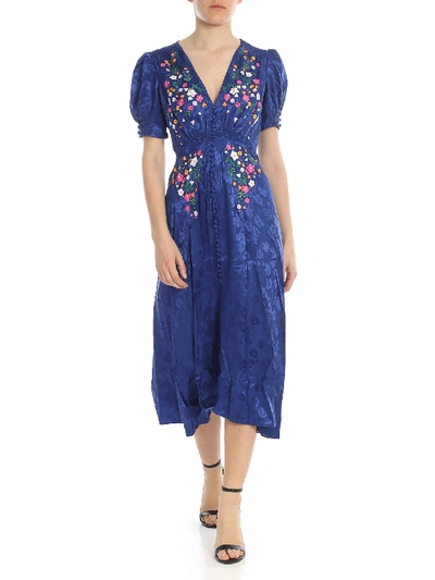 Shop Saloni Lea Dress In Blue With Floral Embroidery