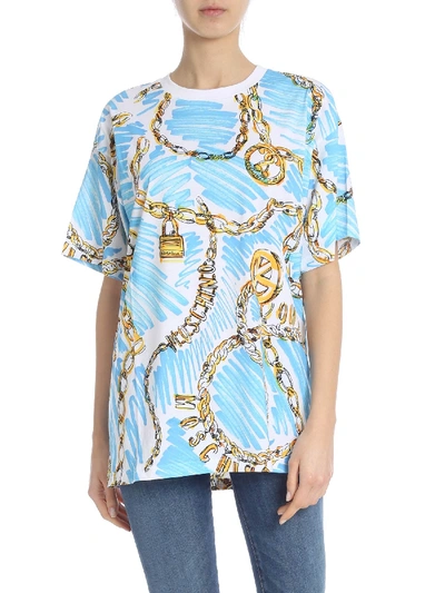 Shop Moschino Chain Printed T-shirt In White And Light Blue