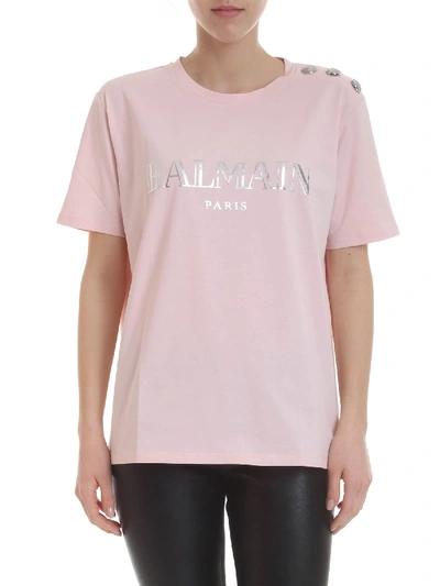 Shop Balmain Pink T-shirt With Silver Logo