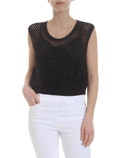 Shop Ermanno Scervino Boxy Top In Black Perforated Knit With Rhinestones