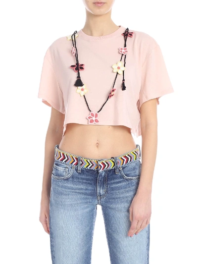 Shop Alanui Pink Cropped T-shirt With Floral Embroidery