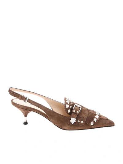 Shop Prada Slingback In Brown Suede Leather