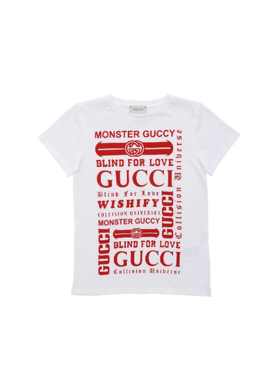 Shop Gucci Cream-white T-shirt With Logo Prints