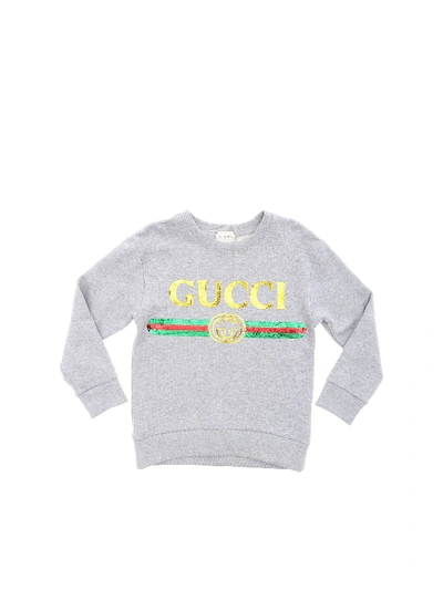 Shop Gucci Sweatshirt In Melange Grey With Sequins Logo