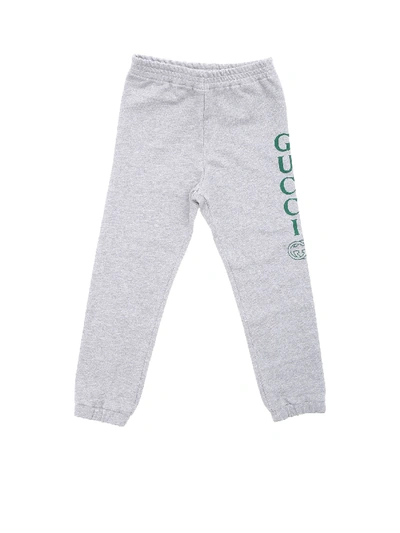 Shop Gucci Trousers In Melange Grey With Green Logo Print
