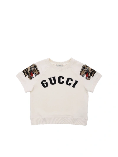 Shop Gucci Sweatshirt In Cream Color With Logo Embroidery