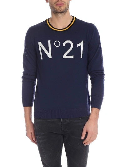 Shop N°21 Blue Crew-neck Pullover With White N21 Logo