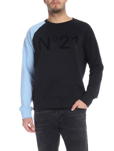 Shop N°21 Black Crewneck Sweatshirt With Blue Sleeve