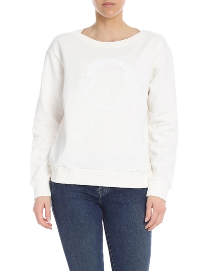 Shop Moncler Cream White Sweatshirt With Micro Beads Logo
