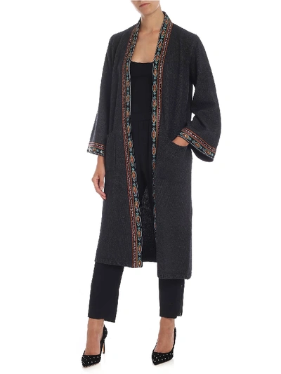 Shop Etro Oversize Cardigan In Melange Gray With Embroidery In Grey