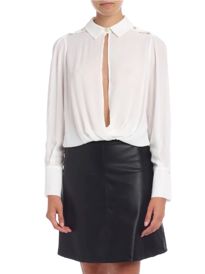 Shop Elisabetta Franchi Body Shirt With Open Neckline In Ivory Color In Cream