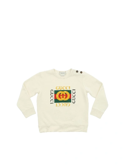 Shop Gucci White Crewneck Sweatshirt With Vintage Logo