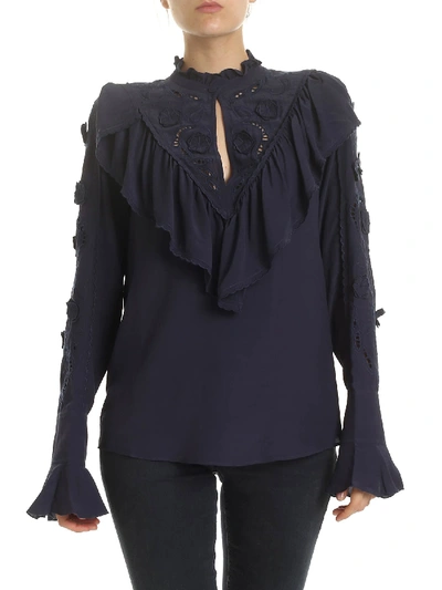 Shop See By Chloé Ink Navy Blouse With Embroidery In Blue