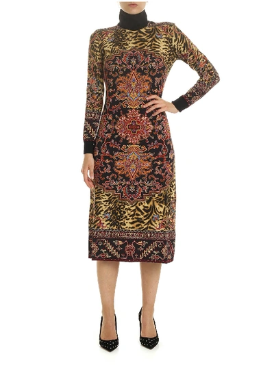 Shop Etro Black Turtleneck Dress With Contrasting Multi-prints